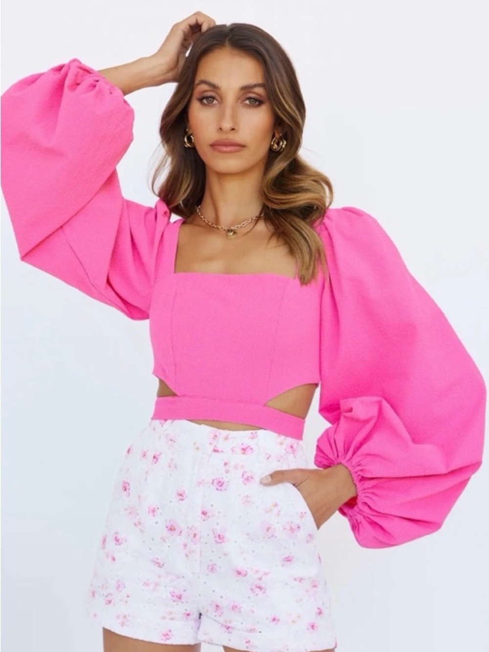 Hello Molly Long Puff Sleeve Hot Pink Square Neckline Tie Crop Top Blouse
